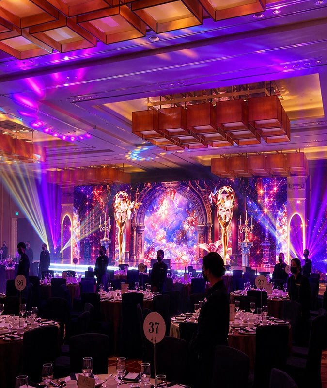 Luxury hotel ballroom corporate gala dinner setup in Singapore with illuminated LED stage backdrop and beam lighting
