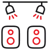 AV equipment rental icon showing stage spotlights and sound system speakers